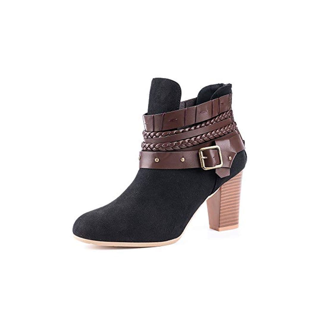 Moda Mujer Botas con Tacón Cuña Altos Cremallera Otoño Chelsea de Vestir Piel Transpirable Botines Zapatos de Tacón Fiesta Hebilla Calzado Romano 8cm Negro 35