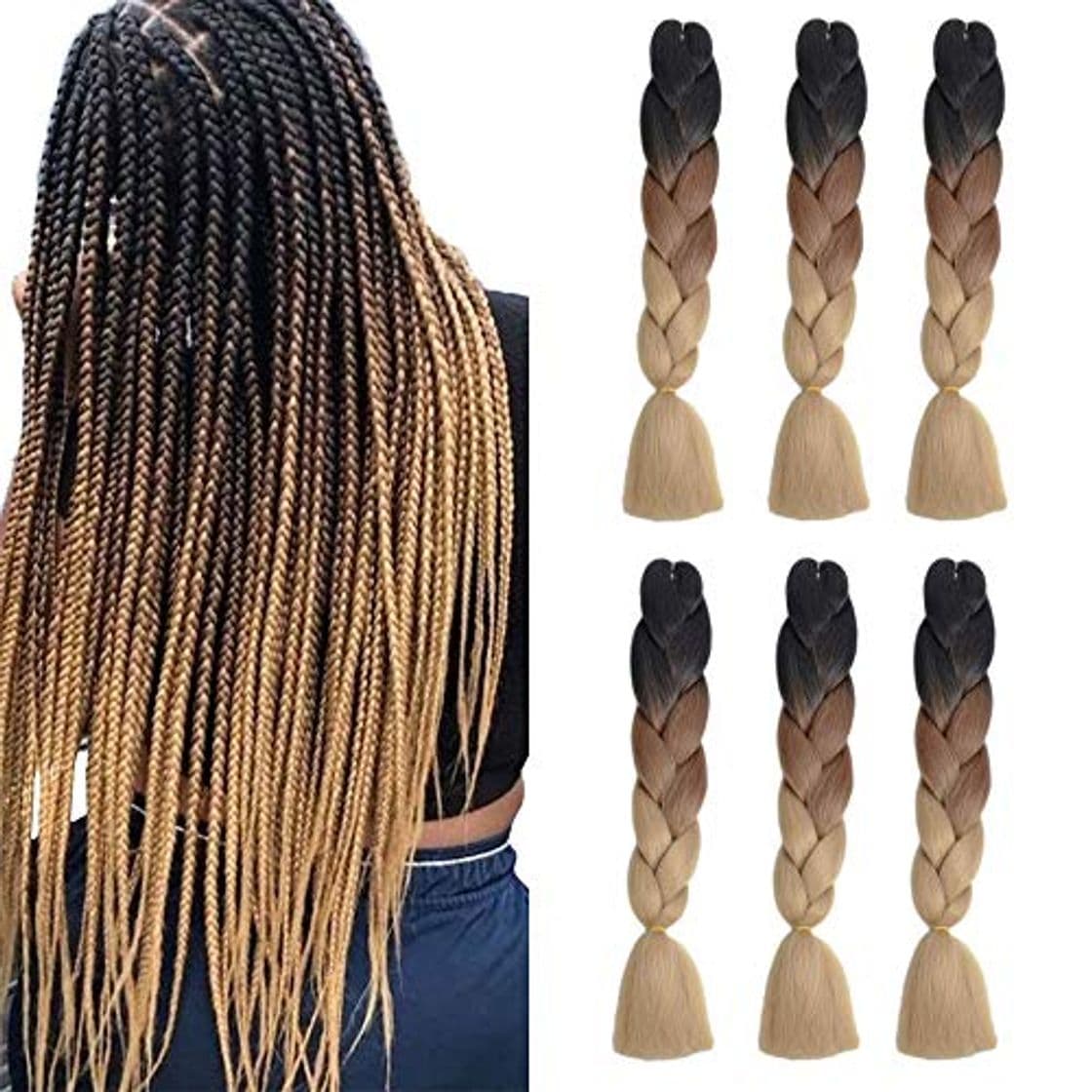 Product 6Pack Extensiones de cabello Ombre Jumbo Braiding Hair Tres tonos Kanekalon Jumbo