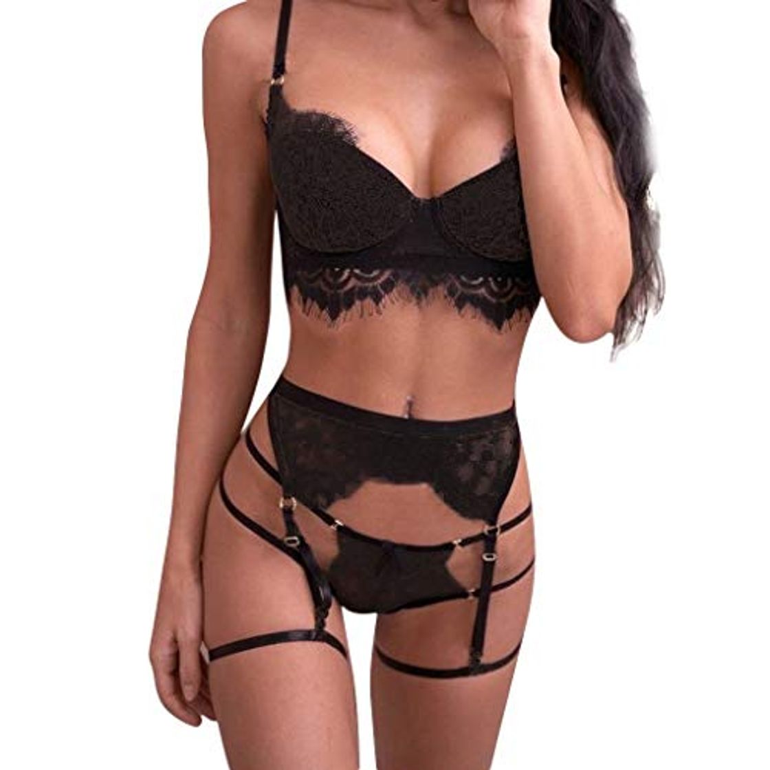 Product Lenceria Sexy Mujer Correas Sujetador y Panty Liga Conjunto Ropa Interior Babydoll Atractiva De Muselina Ropa de Dormir de TentacióN Deep V Lencería Pijamas riou