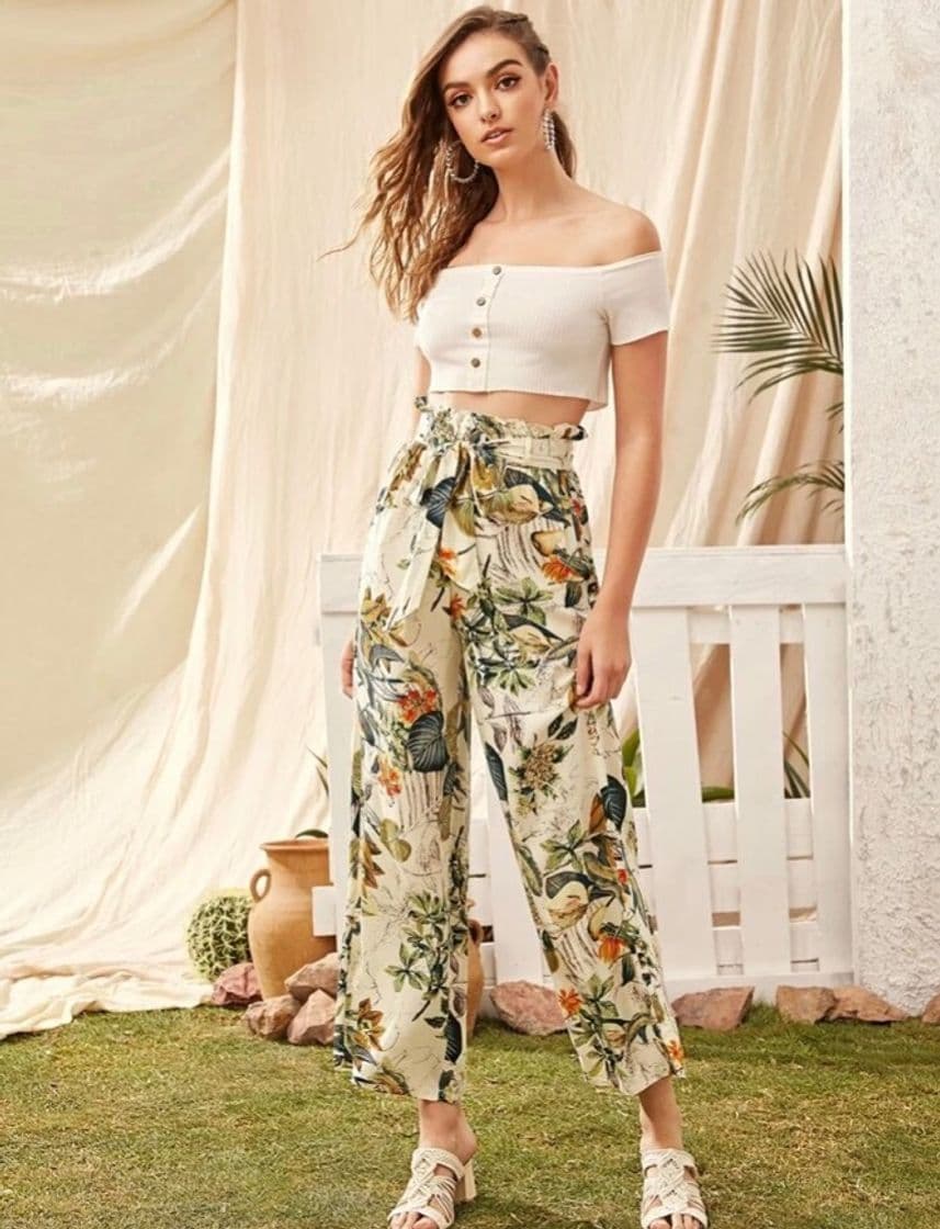 Moda SHEIN Botanical Print Paperbag Waist Wide Leg Pants