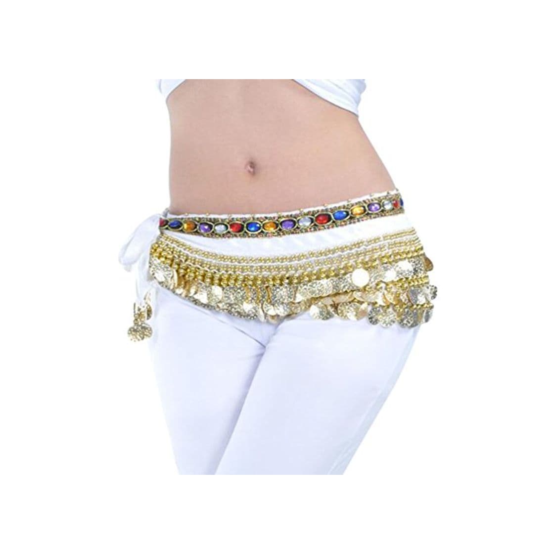 Fashion YuanDian Mujer coloreados Diamantes Monedas Danza del Vientre Espectáculo Bufanda Cinturon Cintura Cadena Falda Trajes De Belly Dance Blanco