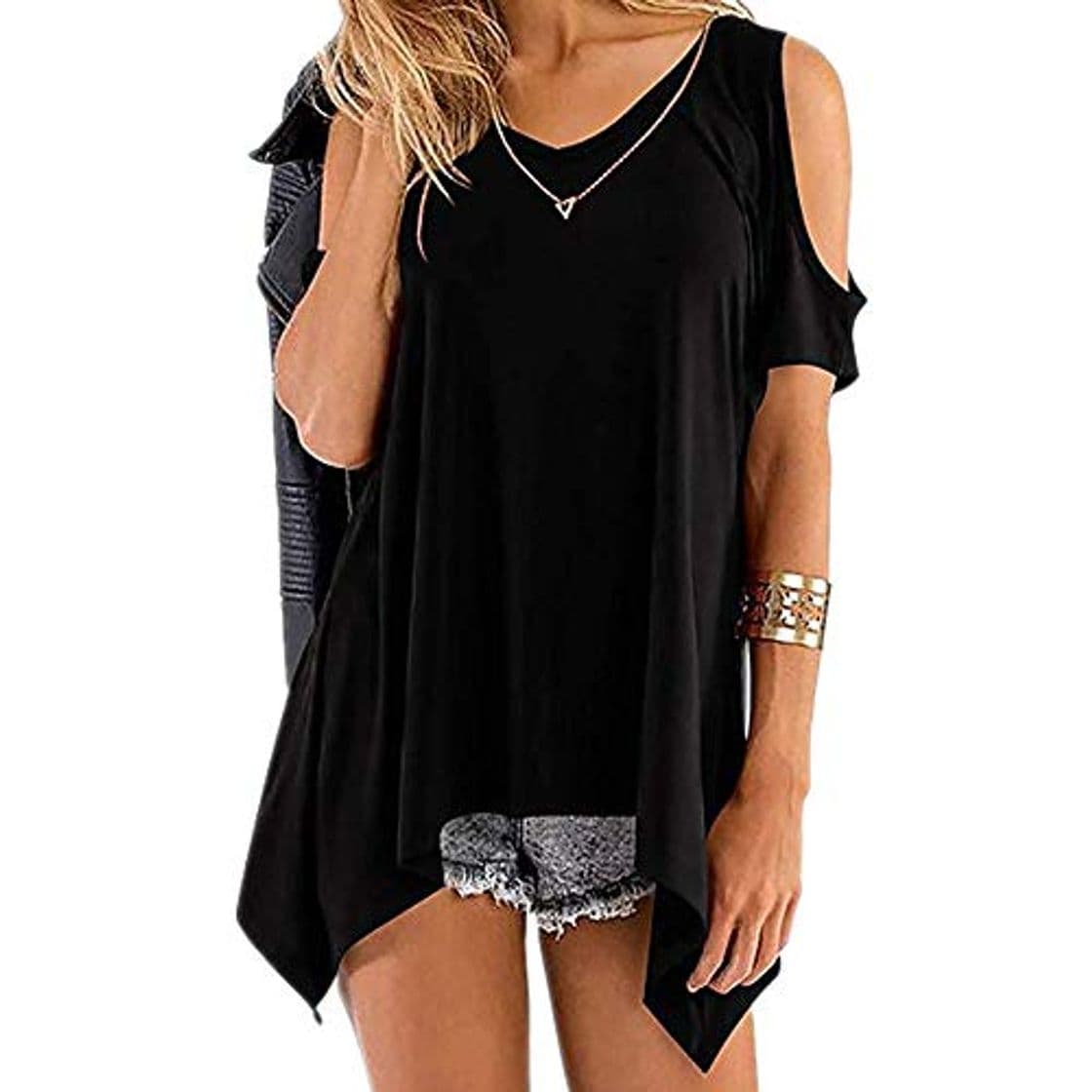 Moda Camiseta de Mujer de Primavera y Verano con Cuello en V sin Tirantes y Manga Corta con Dobladillo Irregular para Mujer