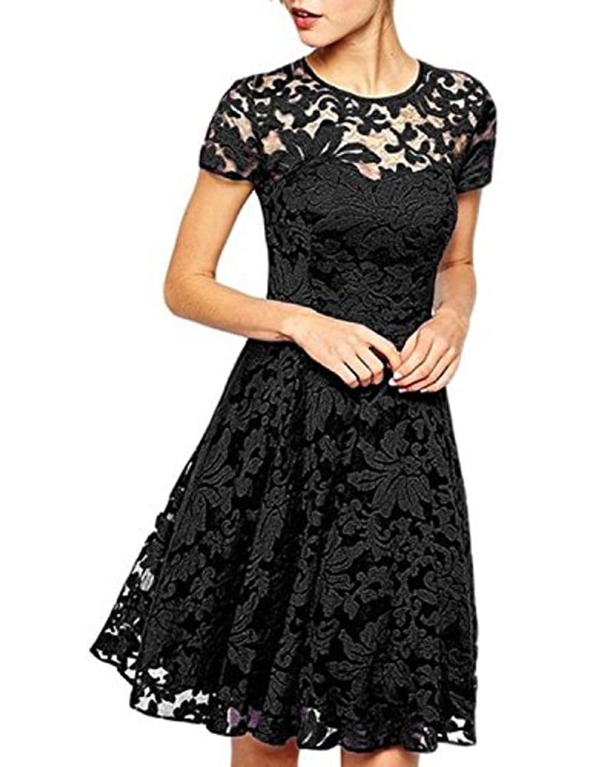 Moda ZANZEA Mujer Vestido Encaje Elegante Cóctel Fiesta Manga Corta Vestido con Cuello