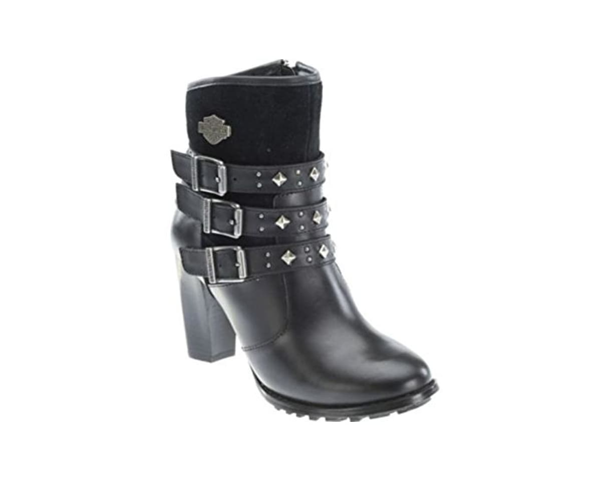 Moda Harley Davidson Abbey Mujer Negro Cuero Biker Heel Boots Triple Strap Dress 37