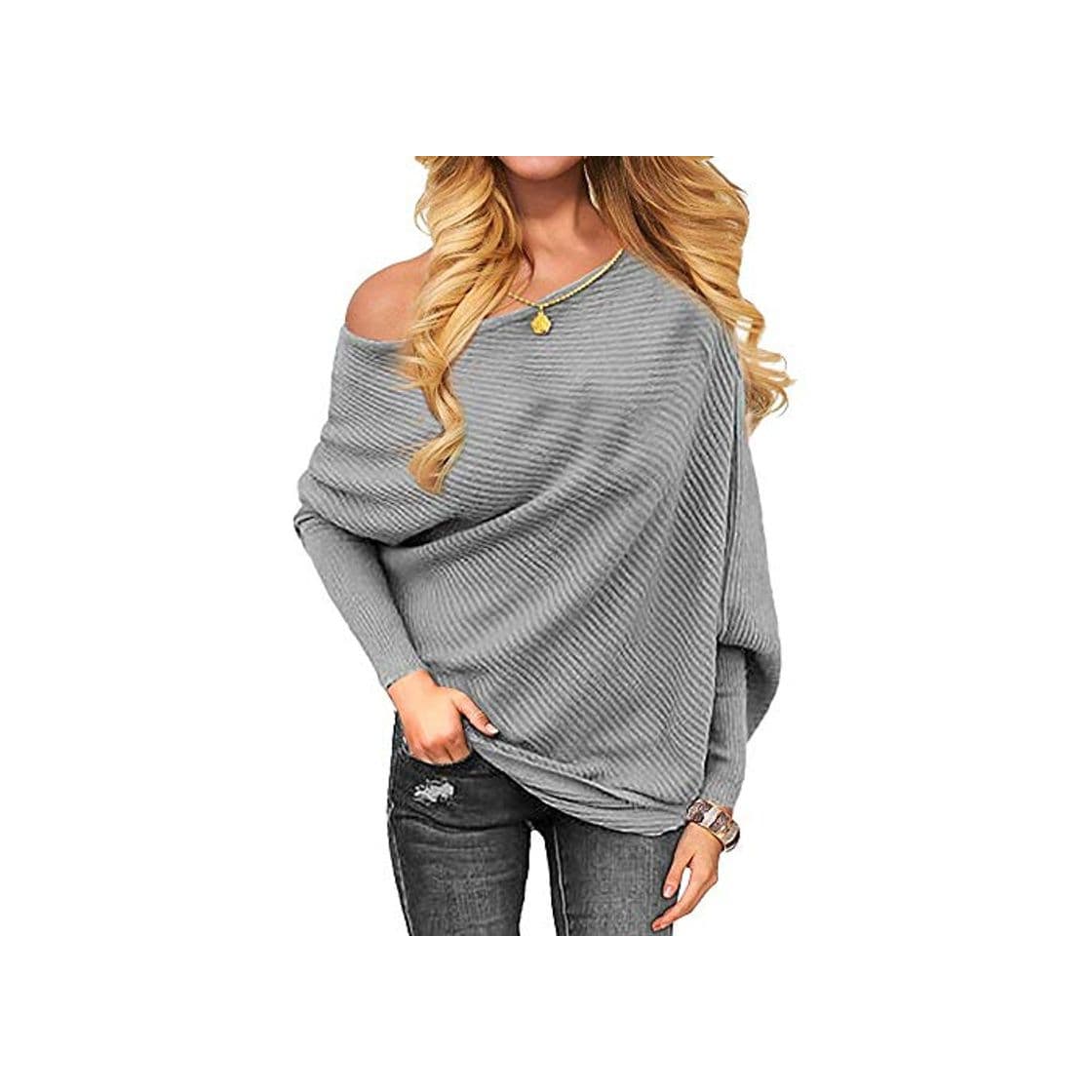 Moda ZARLLE Casual Mujer Jerséis Moda Suéter Largo Casual Jersey Prendas de Punto de Cuello Barco Hombros Tops Sexy Suelta Batwing Mangas Largas Camiseta Tops