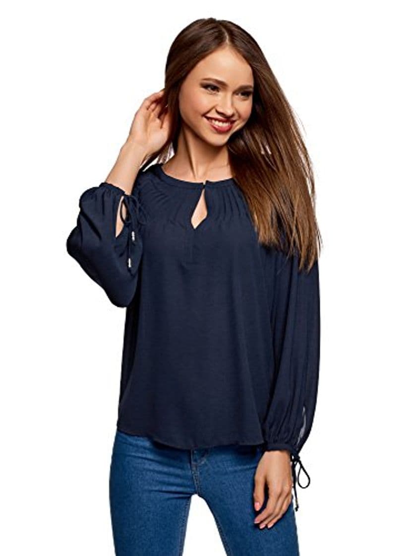 Producto oodji Collection Mujer Blusa Ancha con Lazos en los Puños, Azul, ES