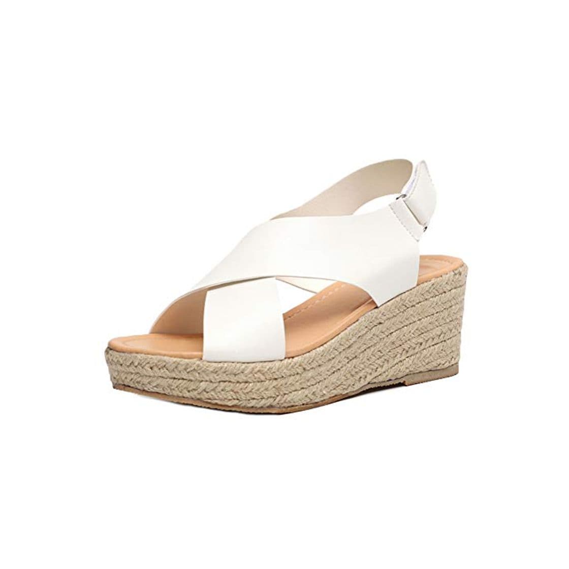 Moda Tomwell Sandalias de Mujer Boca de Pescado Plataforma Cáñamo Fondo Grueso Sandalias Punta Abierta Cuero Fondo Plano Zapatos Bohemias Romanas Hebilla Zapatillas Blanco 39 EU