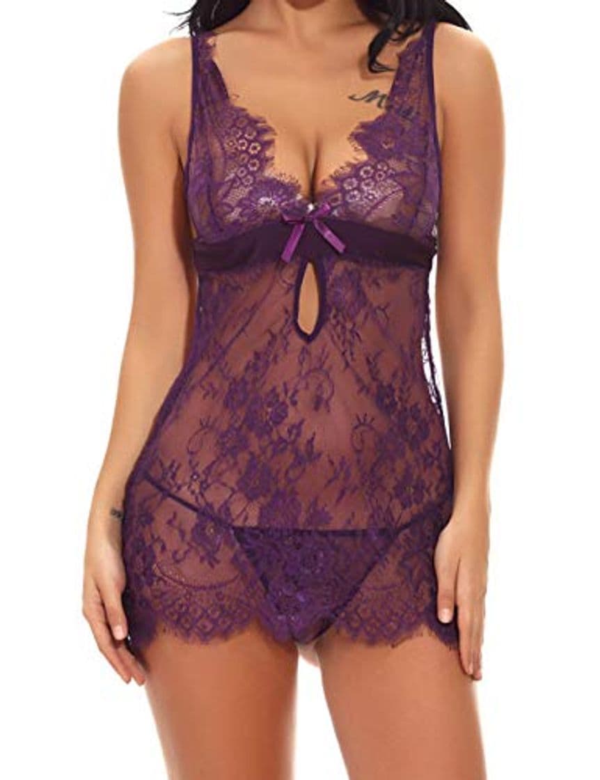 Producto FeelinGirl Mujer Ropa Erótica Transparente Sexy de Encaje de Flores Conjuntos de Lencería Morado XL