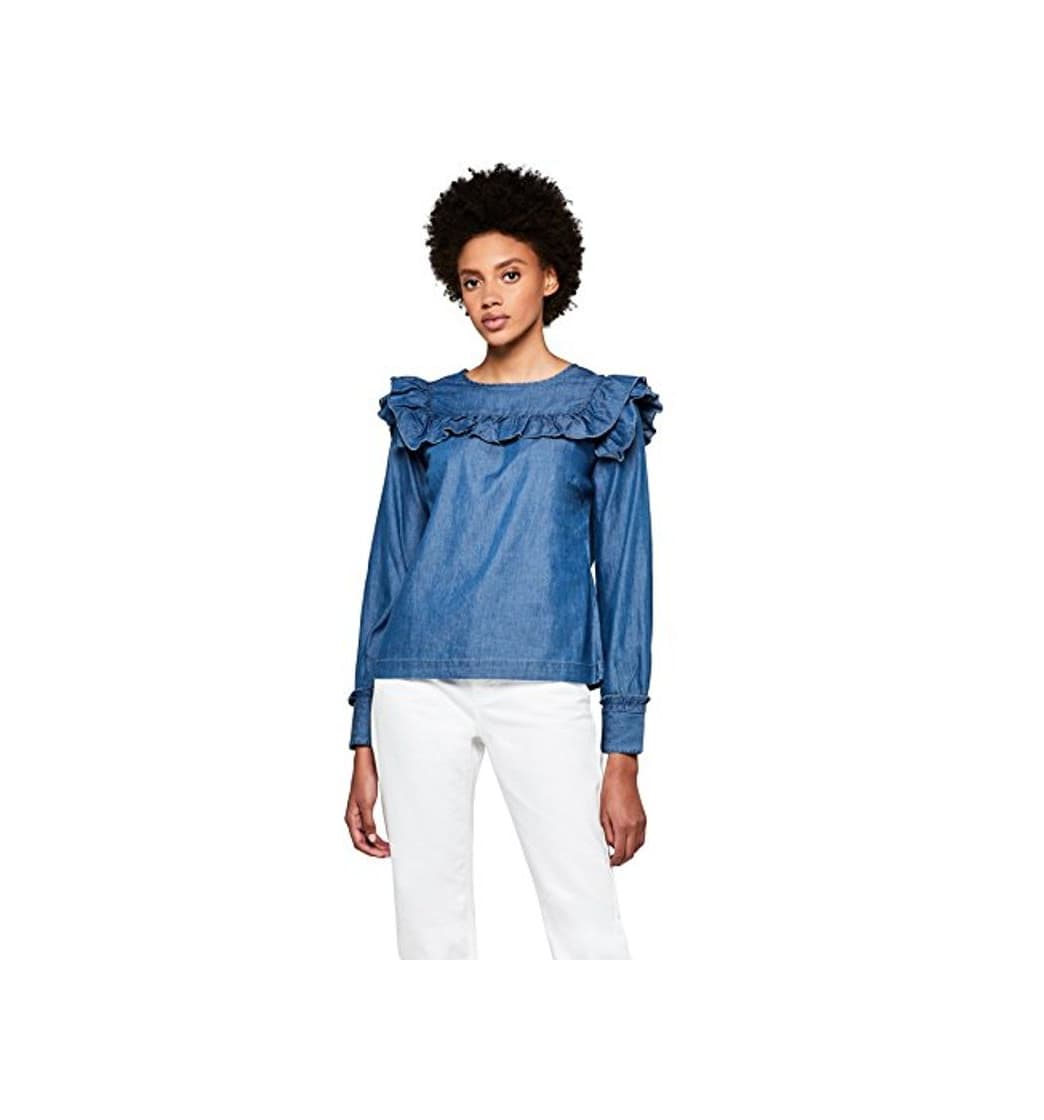 Moda Marca Amazon - find. Blusa Vaquera con Volantes Mujer, Blau