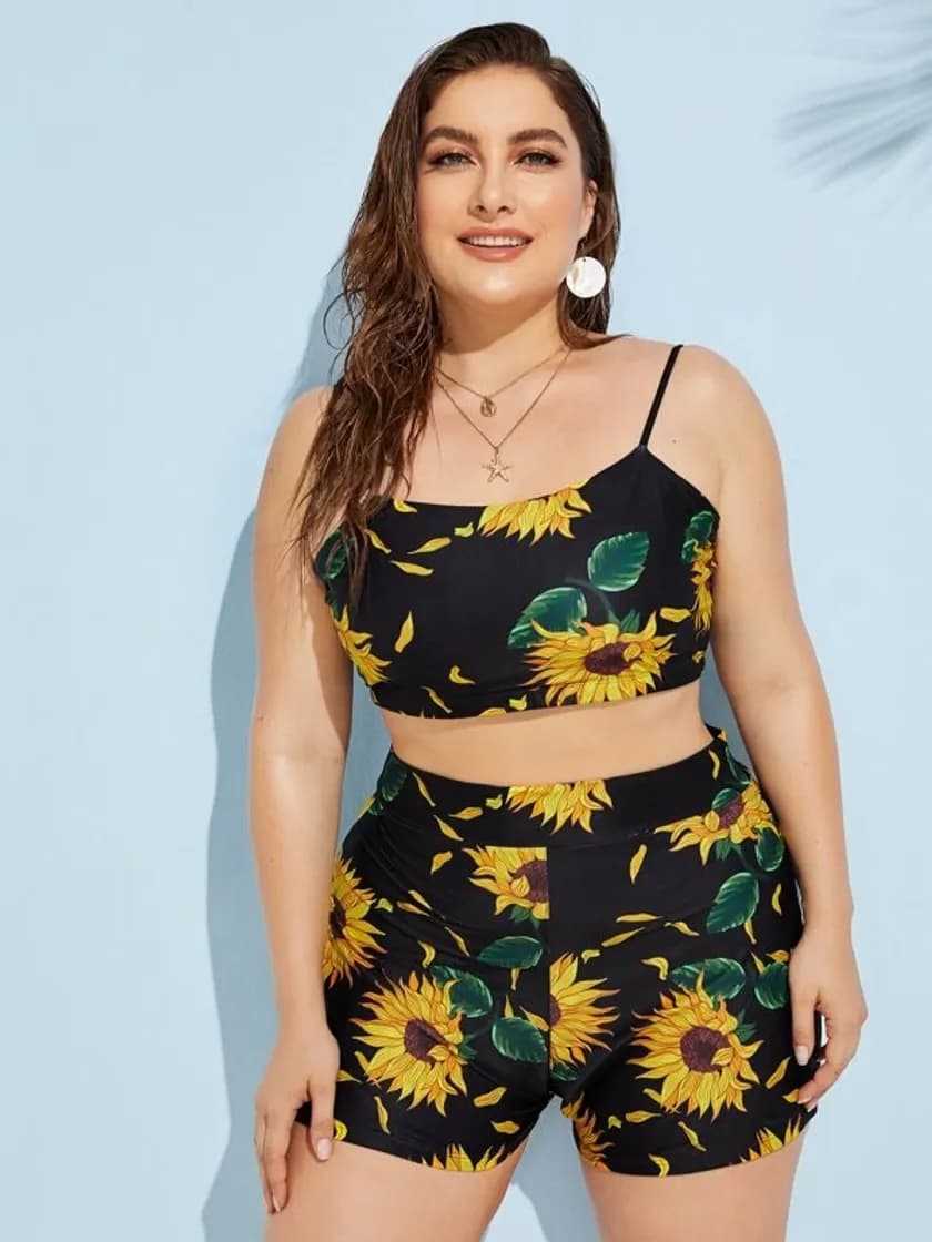 Fashion Bañador de 2 piezas top tirante con estampado de girasol 