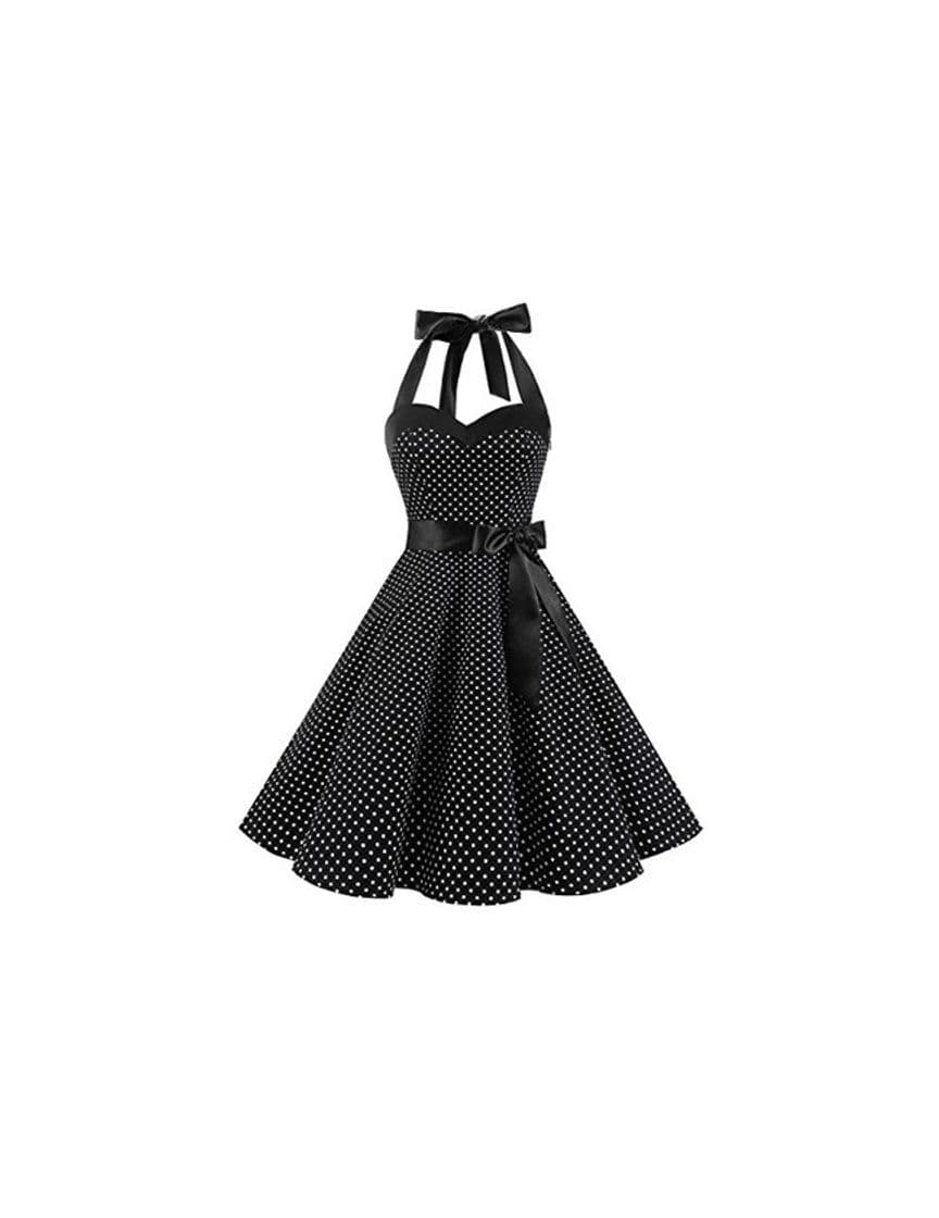 Fashion Dresstells® Halter 50s Rockabilly Polka Dots Audrey Dress Retro Cocktail Dress Black