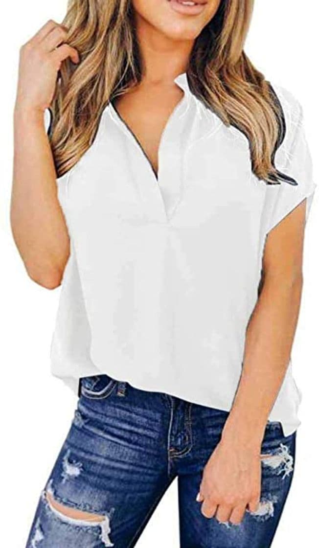 Product Camiseta Mujer Verano Moda Color sólido Manga Corta Blusas Camisa Cuello Rojoondo