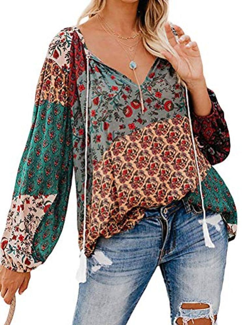 Product YUHX Blusas de túnica Bohemio Floral para Mujer Tops Casual con Cuello en V Borla Camisetas de Manga Larga