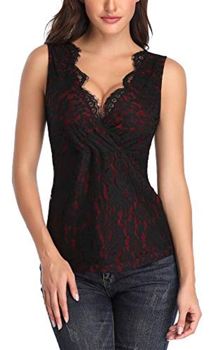 Producto MISS MOLY Mujer Camiseta de Tirantes con Cuello en V Camisas Blusas Encaje Rojo Large