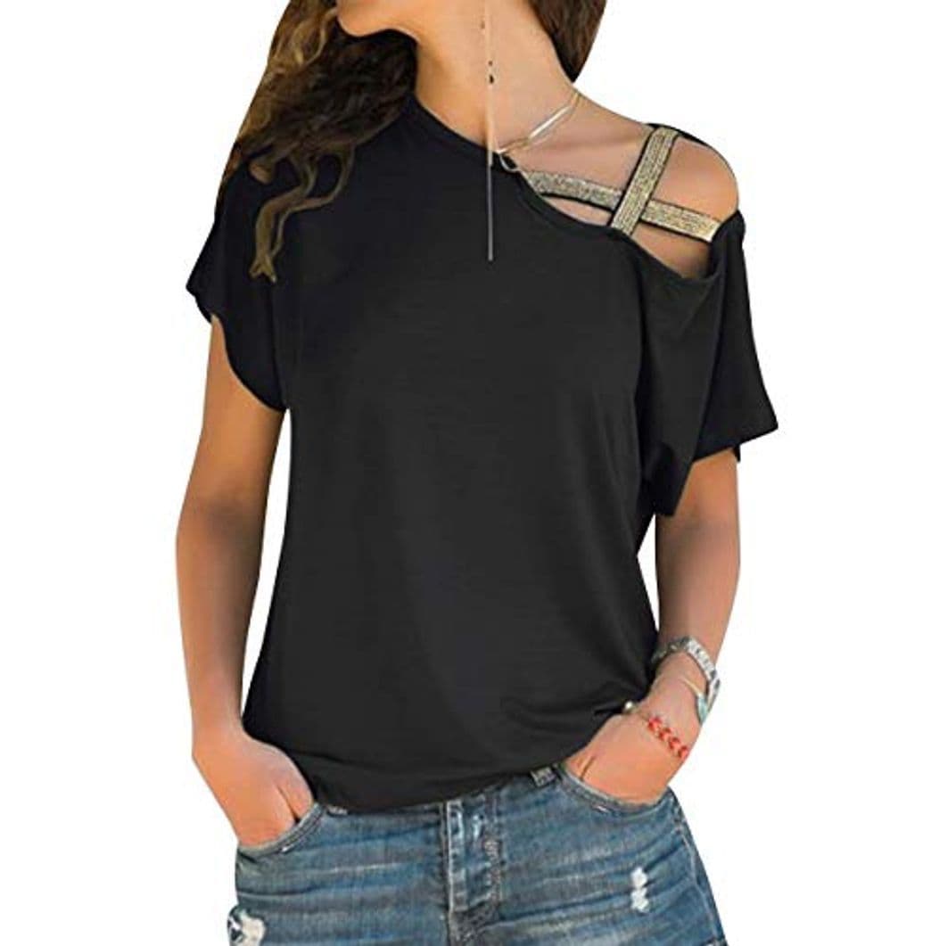 Fashion Camiseta Hombros Descubiertos Mujer Camisetas Lisas Sin Hombros Manga Corta Mujeres Oversize Anchas Tops Verano Casual Remeras Largas Damas Playeras Camisas Señora Blusas Amplias Negro XL