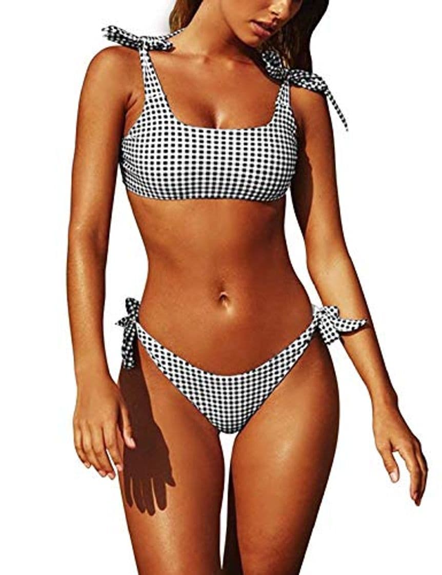 Producto Yuson Girl Conjuntos De Bikini De Talle Alto a Tartán Sexy Retro Brasileños Mujer Traje De Baño Dos Piezas con Crop Top Push Up Bra Bikini Anudado Tiras Tanga Braga Bikini Triangulo Alta