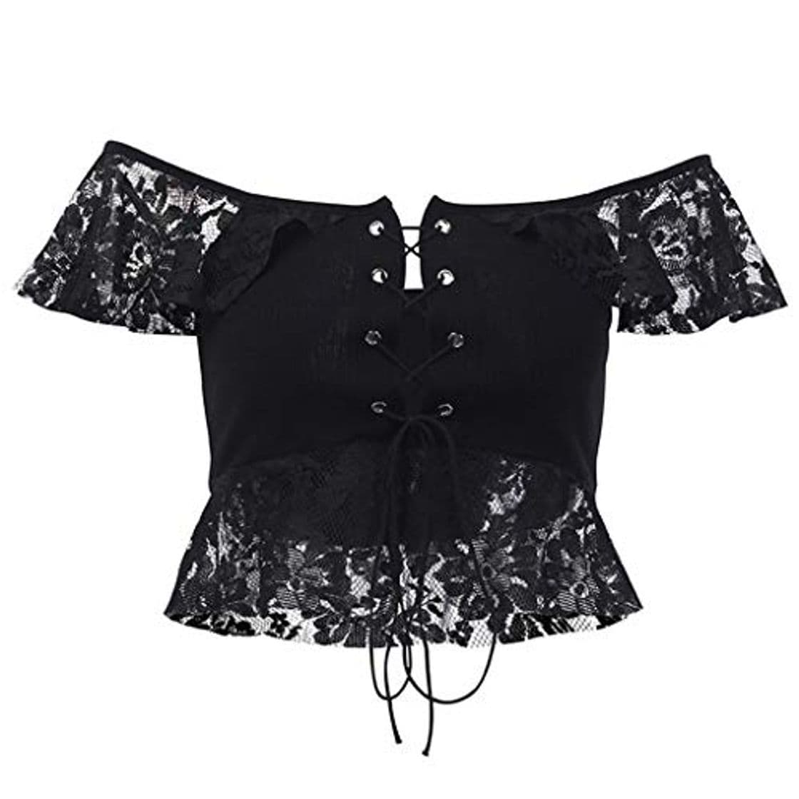 Producto ruiruiNIE Mujeres Vintage gótico Punk Negro Crop Top Sexy Fuera del Hombro Camisas de Vendaje Cruzado Ahueca hacia Fuera Floral Encaje Acanalado Blusa Tejida Fiesta Clubwear