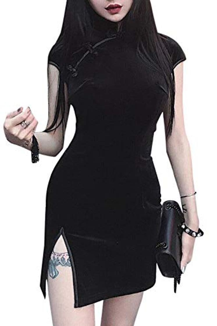 Product Mujeres Sexy Cheongsam Manga Corta Bodycon Vestido De Terciopelo Mejorado Ropa China Negro S