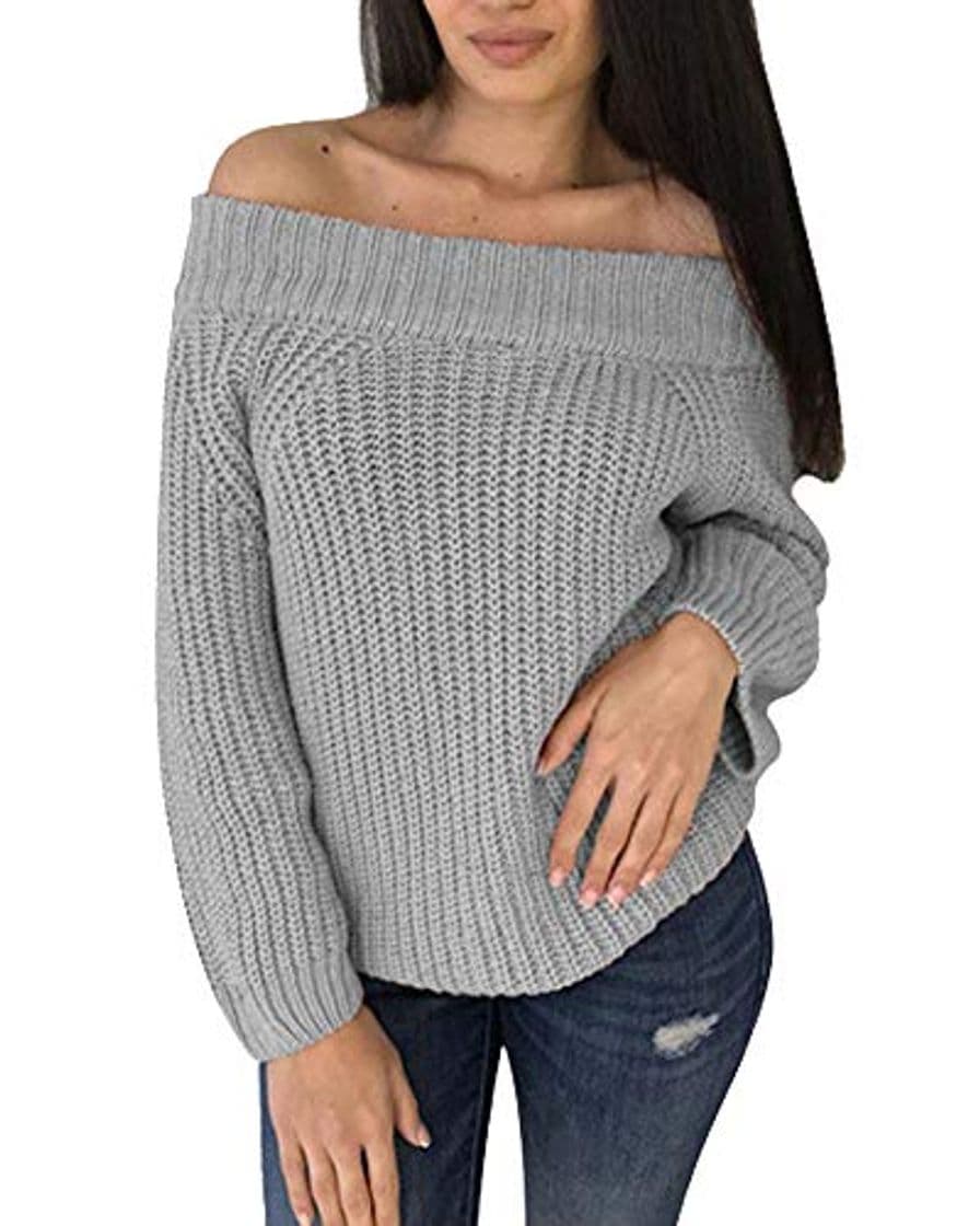 Moda Mujer Jerséis Manga Larga Anchos Jersey De Punto Invierno Otoño Elegante Sin Hombro Blusa XL