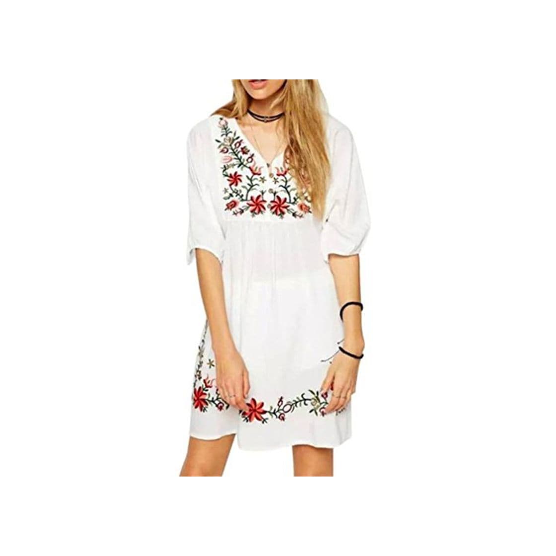 Producto SHOBDW Vestido de Mujer Blusa Hippie Pessant de etnia Mexicana Bordada Gitana