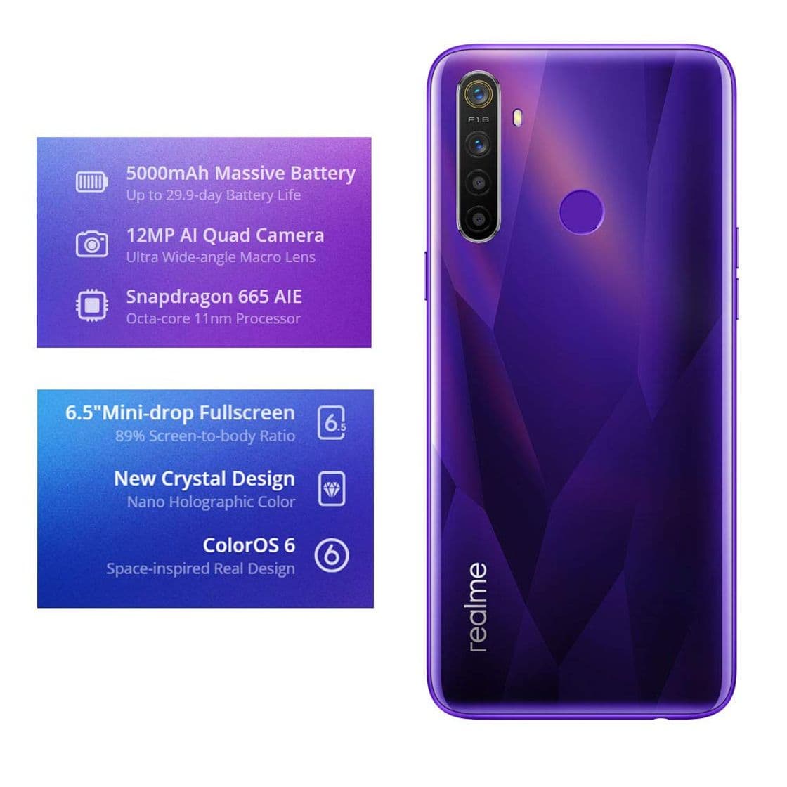 Product realme 5 Smartphone Móvil, 4 GB RAM 128 GB ROM 6.5" Snapdragon