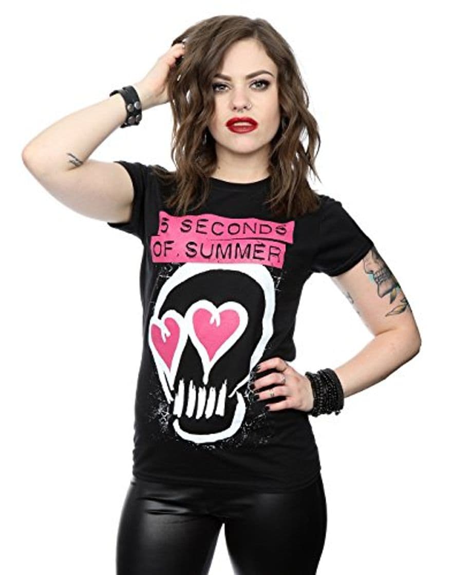 Moda 5 Seconds Of Summer Mujer Pink Heart Skull Camiseta Medium Negro