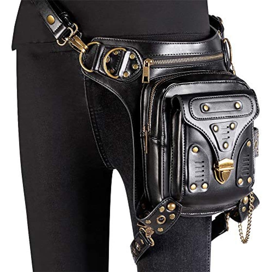 Fashion Mujeres Waistpacks Piel muchachas de las mujeres bolso de la cintura del paquete de Fanny de Steampunk Bolsa lateral bolsa de viaje Monedero Monedero lateral cadena del punk rock de la pierna bolsa de