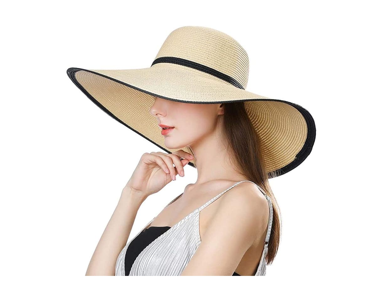 Product Comhats Sombrero de Verano de Paja con sombrilla para Mujer Sombrero de Sol Suelto de Playa de ala Ancha Beigemix M