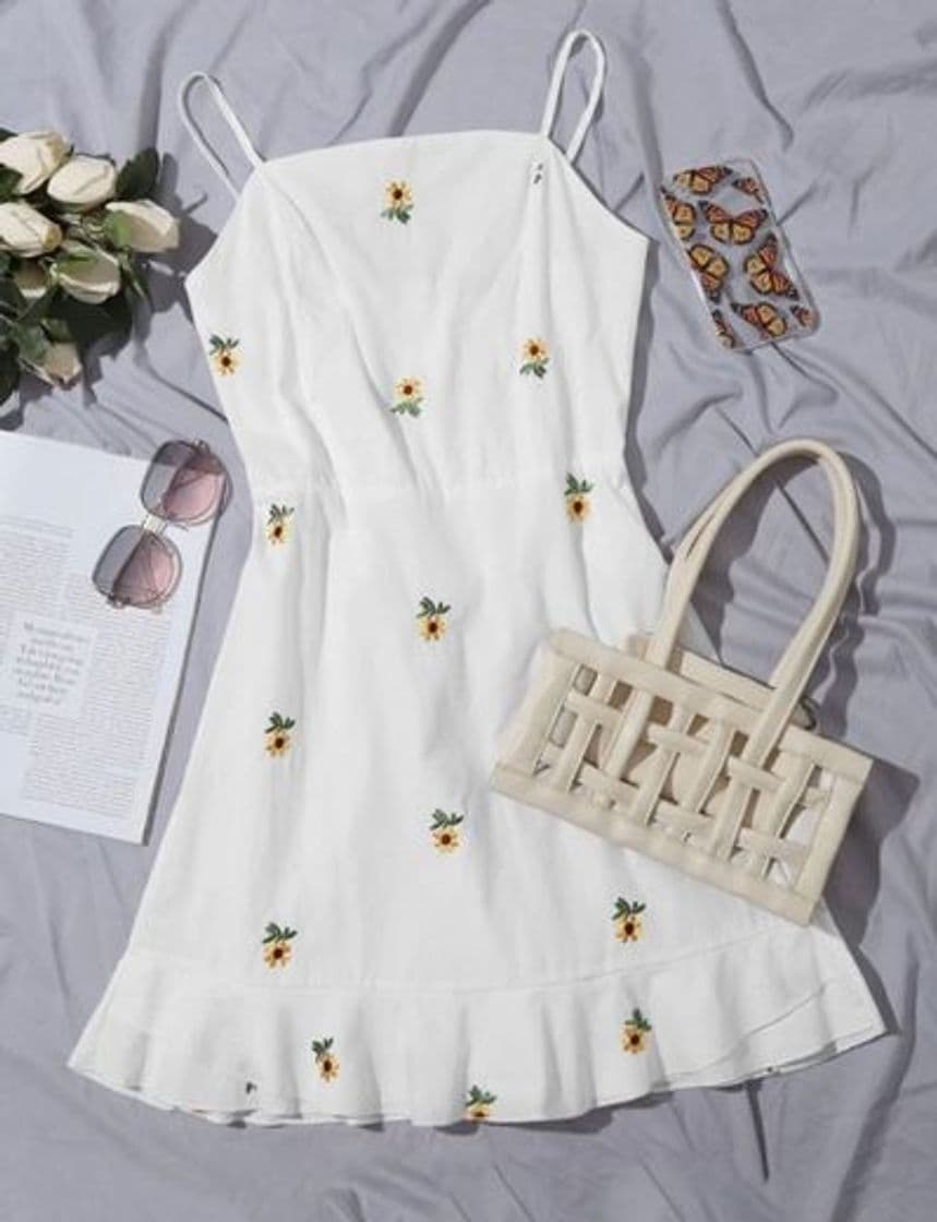 Fashion Vestido de tirantes con girasoles bordados 