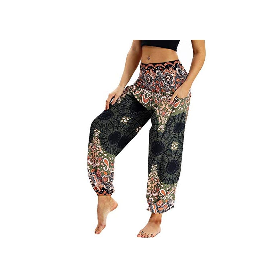 Product Nuofengkudu Mujer Pantalones Harem Tailandes Hippies Vintage Boho Flores Verano Alta Cintura Elastica Casual Danza Yoga Pants Bombachos Marrón Floral