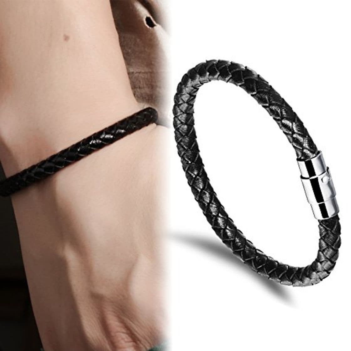 Product Brazalete negro para hombres Pulsera trenzada de cuero genuino de acero inoxidable,