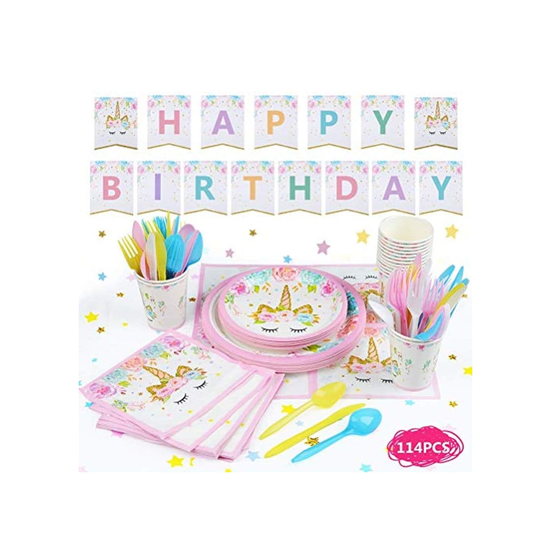 Producto BUYGOO 114 Piezas Vajilla Desechable Cumpleaños Unicornio 16 Juego de Platos Desechables