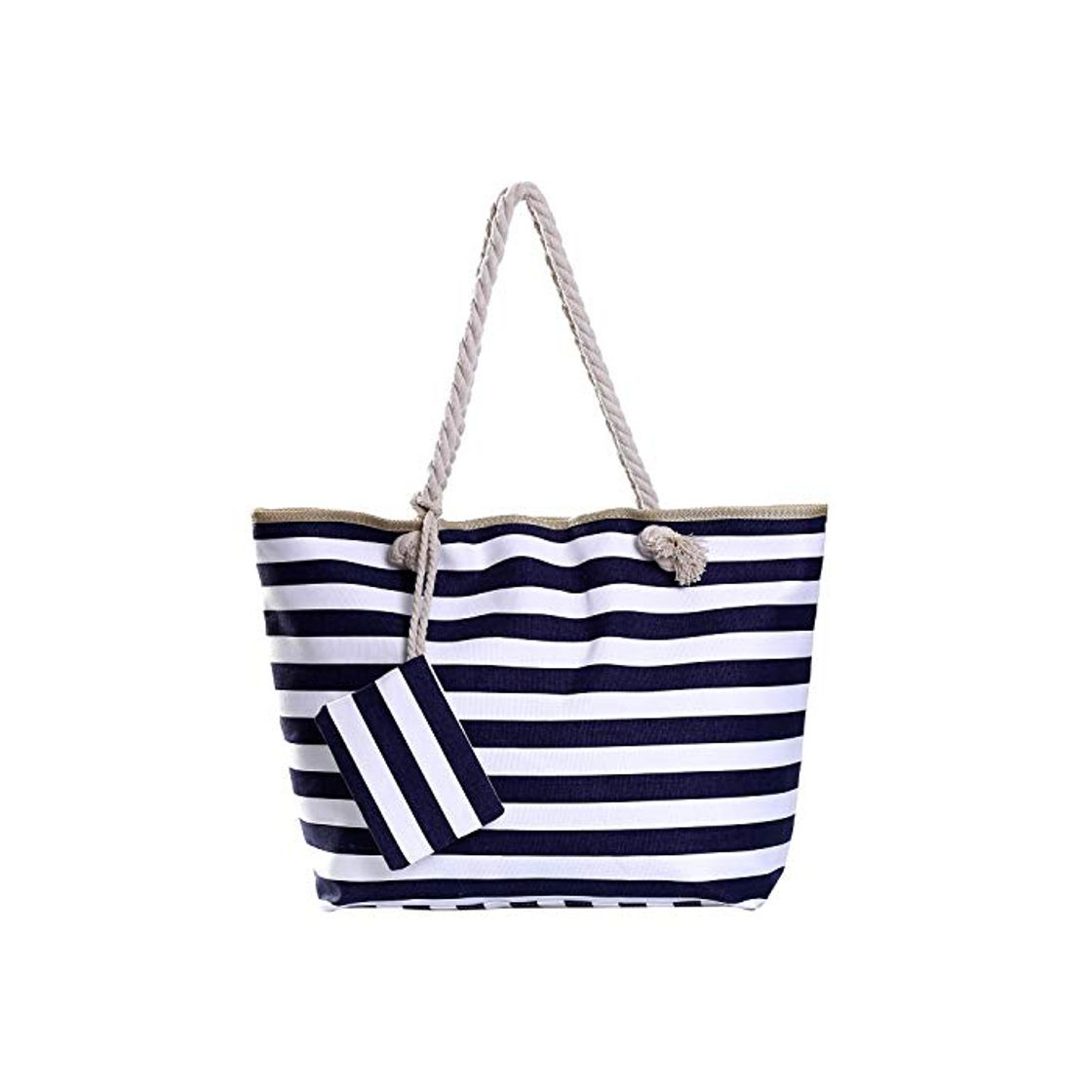 Moda Bolso de Playa Grande con Cremallera Bolso de Hombro a Rayas Azul Marino y Blanco