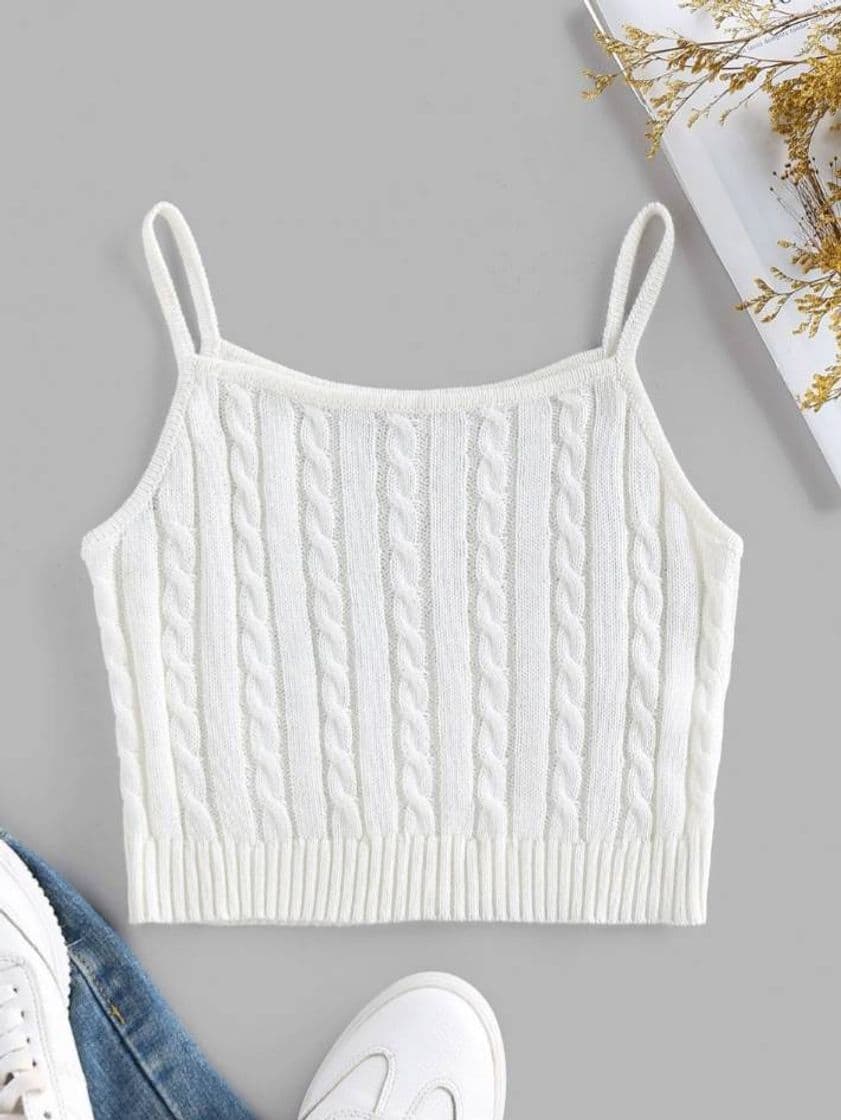 Fashion Cami Top Corto Con Cable De Punto Acanalado, Blanco - $10.49