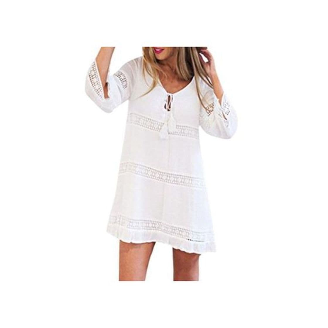 Moda Overdose Vestido Corto De Manga Corta Boho Beach Boho Beach con Encaje