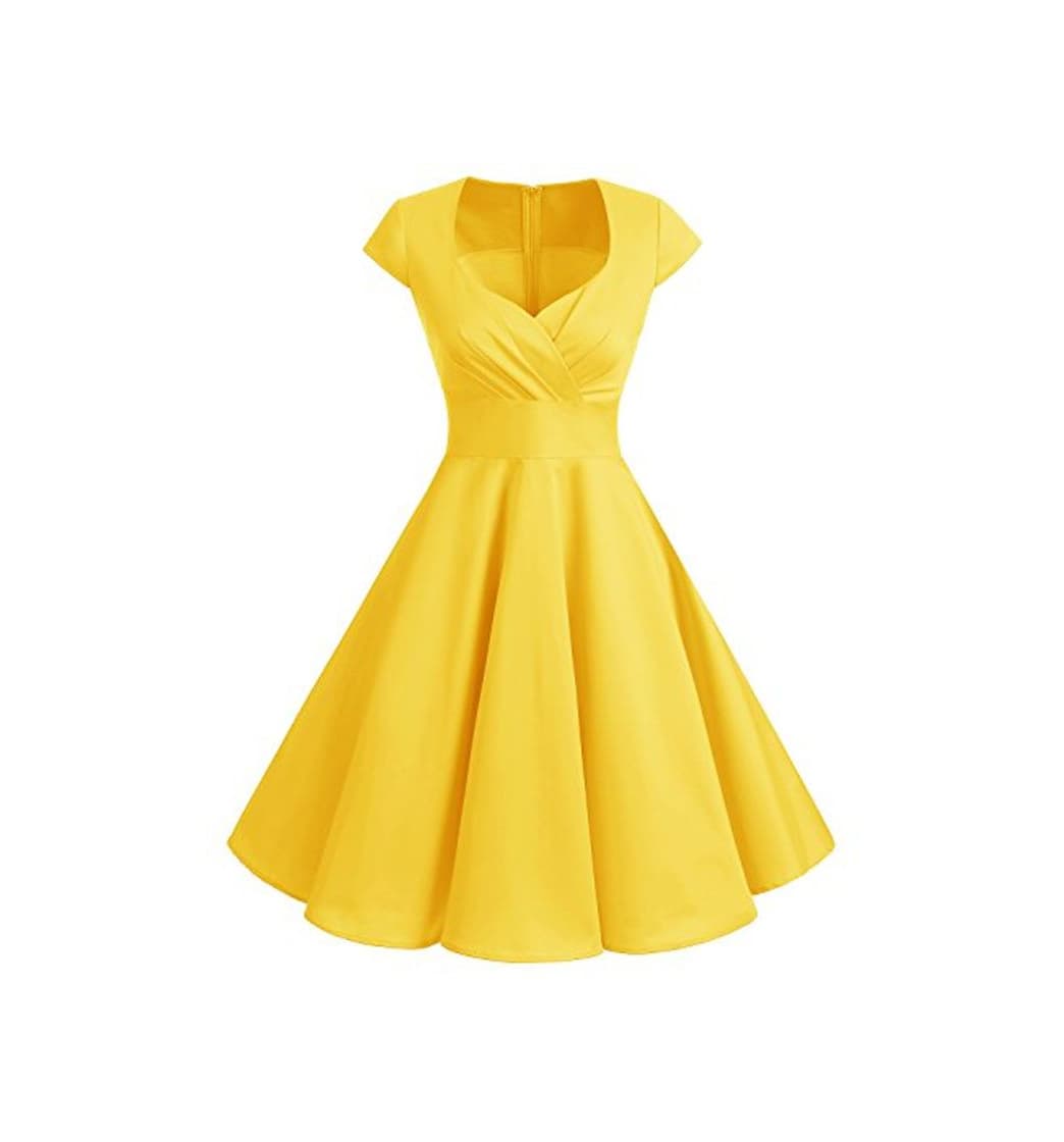 Moda Bbonlinedress Vestido Corto Mujer Retro Años 50 Vintage Escote En Pico Yellow 2XL