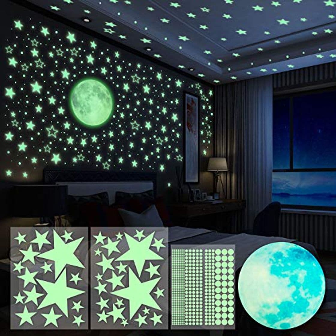 Product Yosemy Luminoso Pegatinas de Pared Luna Estrellas Puntos Pegatinas de Pared para