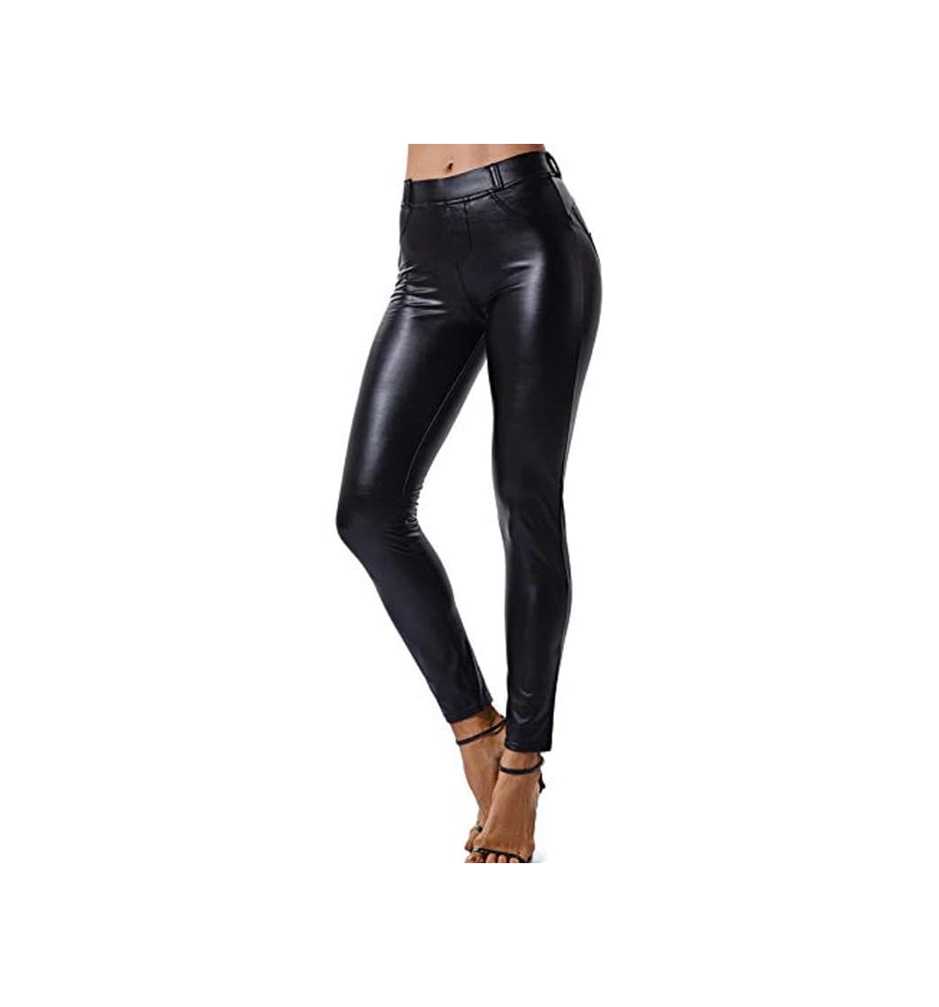 Fashion FITTOO Mujeres PU Leggins Cuero Brillante Pantalón Elásticos Pantalones para Mujer Negro