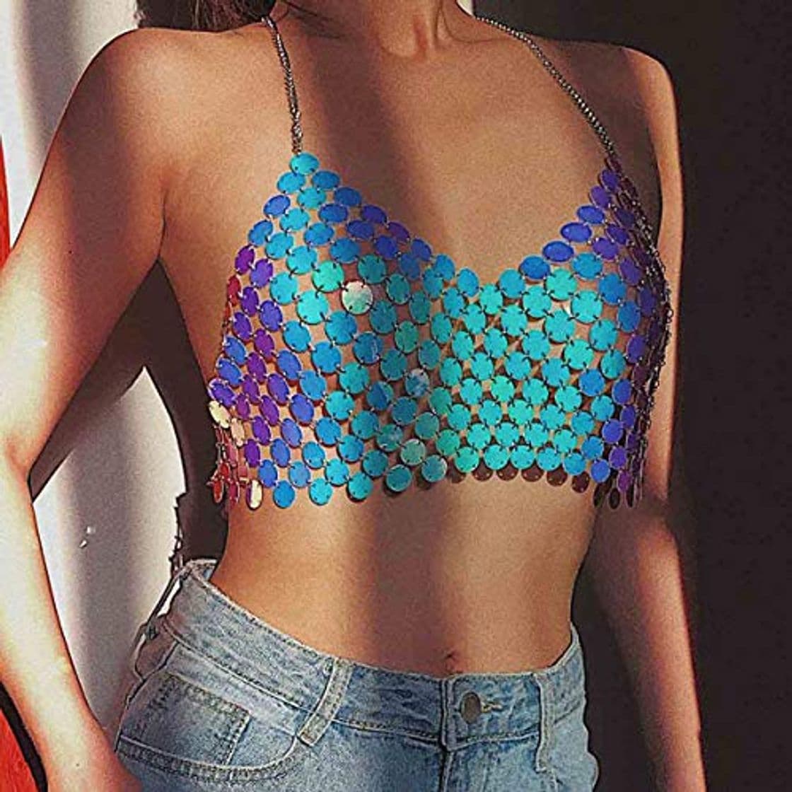 Fashion Yean Moda Lentejuelas Cuerpo Cadena de Metal Bikini Halter Crop Top sin Respaldo Sujetador Joyería Accesorios para Mujeres y Niñas