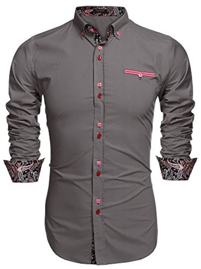 Product Coofandy Camisa Casual Manga Larga Para Hombre de Moda Gris Talla