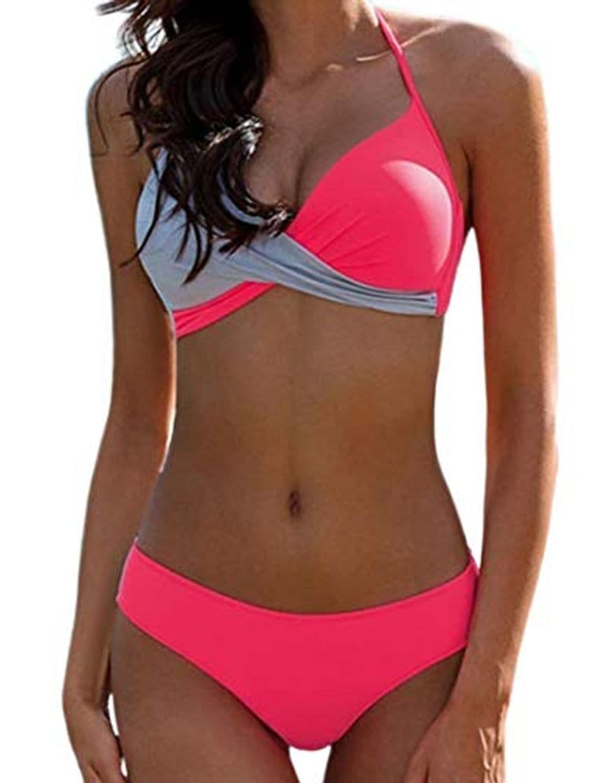 Moda Bikini Elegante Traje de Baño Conjunto Bañador Halter Sexy Sólido para Mujer