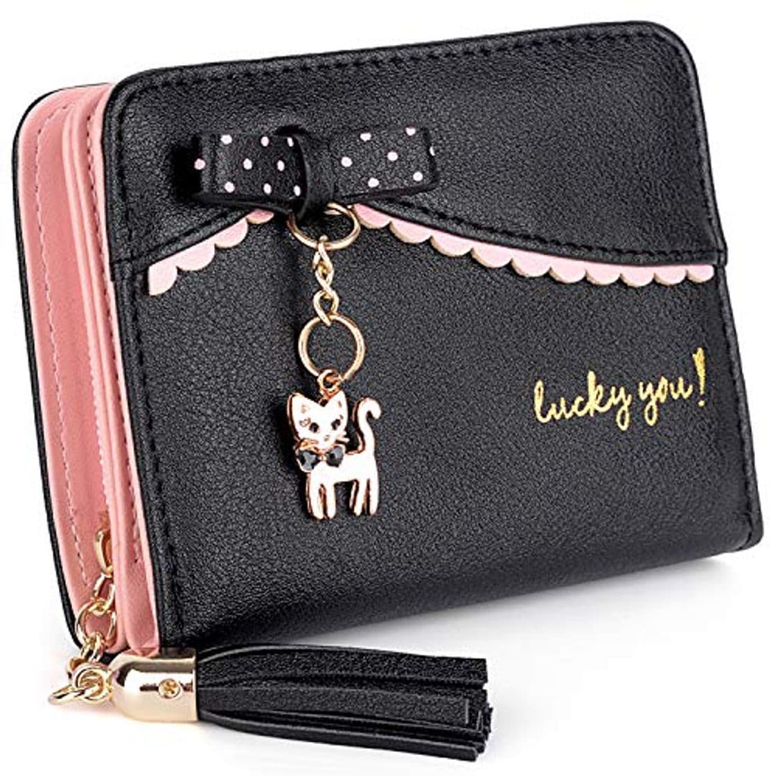 Product UTO Carteras Pequeñas Mujer PU Cuero Monedas Tarjeta Monedero Billetera con Cremallera y Borla Adornos de Gatito Negro