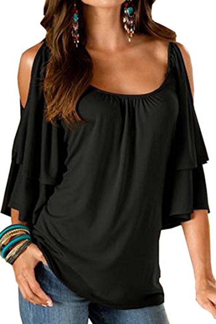 Moda Camisa Hombro Al Aire Mujer Pulover Manga Corta Murcielago Camiseta Cuello Barco Blusa con Volantes Fiesta Sudadera Verano Larga Tunica Playa Talla Grande Basic Tee Bardot Top Liso Jersey Off Shoulder