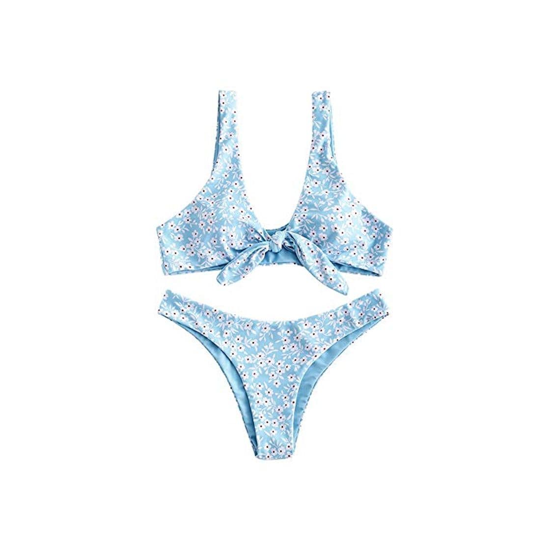 Fashion ZAFUL Mujer Flores Bajo Cintura Delantera Bikini Set Dulce Dos Unidades Bañador azul celeste M