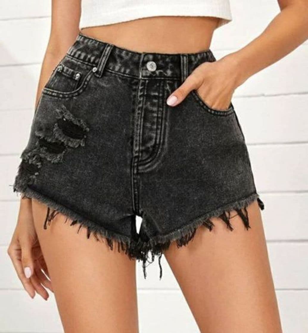 Fashion Shorts Denim Rotos Bajo Crudo Con Bolsillo Oblicuo

