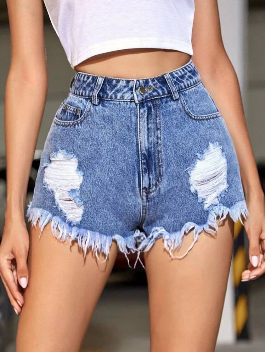 Fashion Shorts Denim Rotos Bajo Crudo

