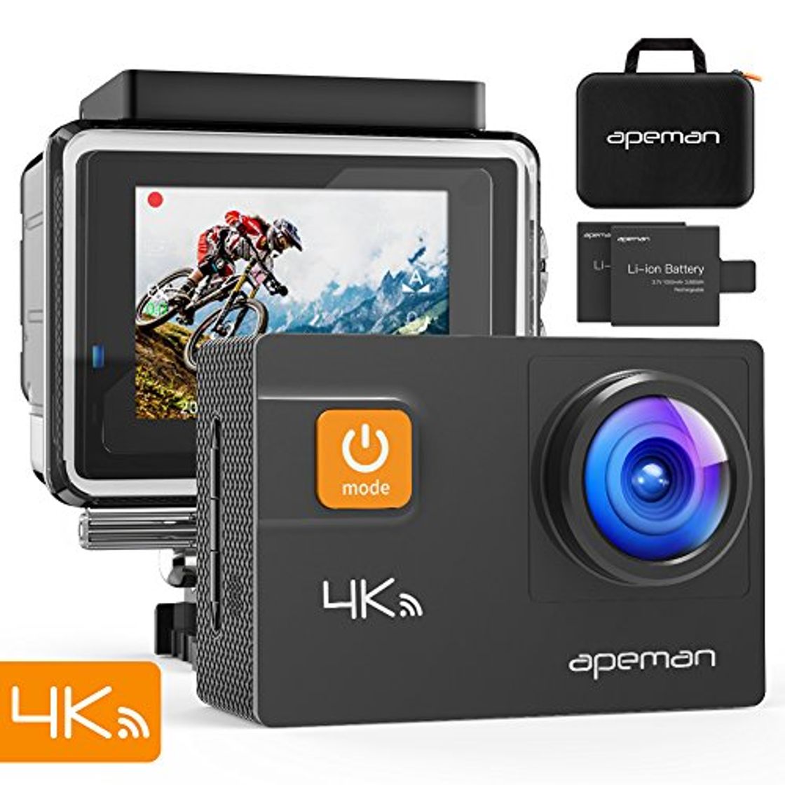 Producto APEMAN A80 Cámara Deportiva 4K WiFi 20MP Cámara de Video Acuática Agua de 40M Estabilización Giroscópica Modo de Submarinismo 2 baterías de 20 Accesorios con Estuche de Transporte