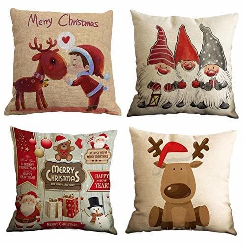 Producto Gspirit Feliz Navidad 4 Pack Encantador Papá Noel Alce Algodón Lino Throw