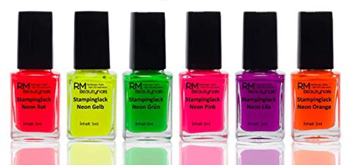 Product RM beautynails - Esmalte para estampado, colores Neon, Juego de 6 x 4