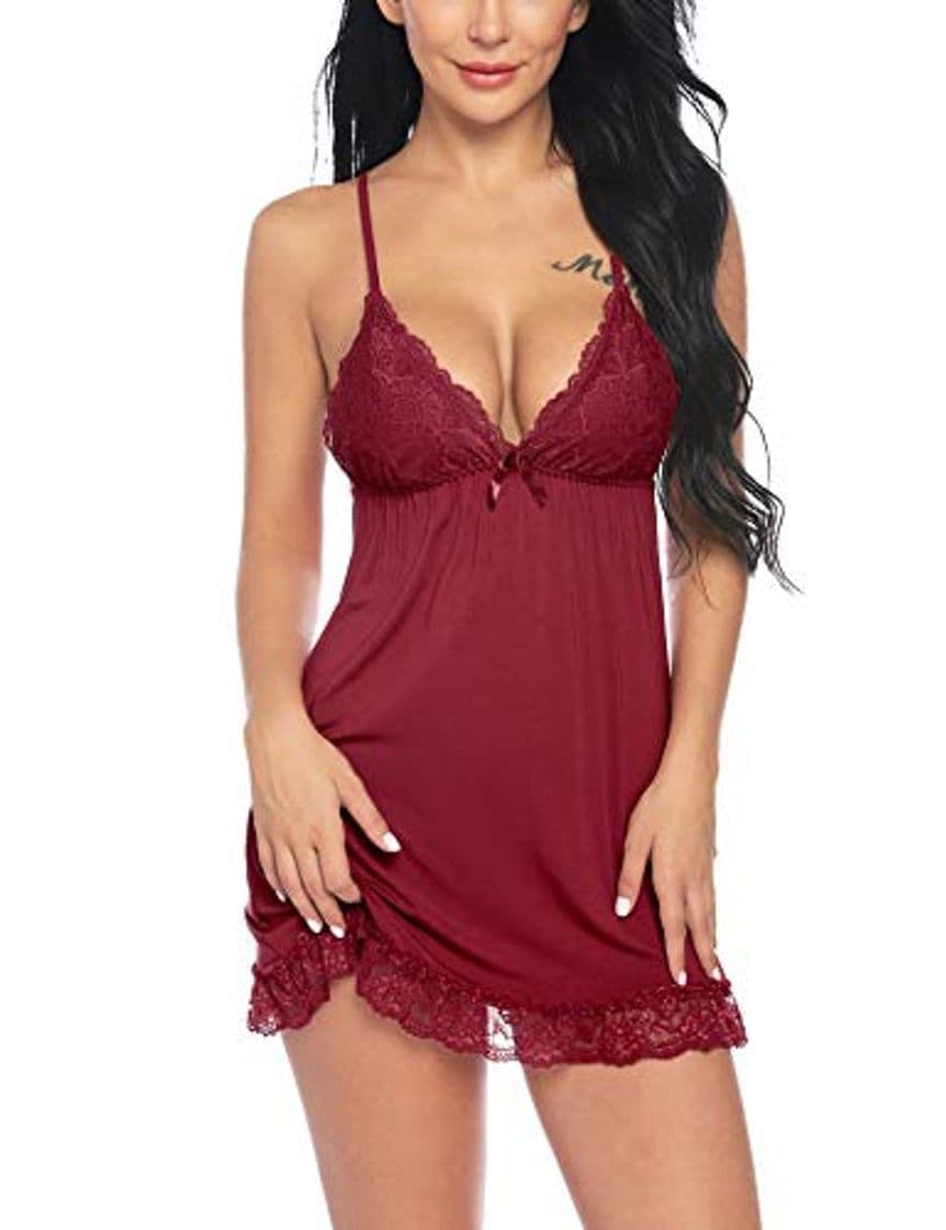 Producto Sykooria Satén de Seda para Mujer Slips completos Camisón Babydoll Lencería Sexy Encaje Ropa de Dormir Correa de Espagueti Camisas Cuello en V Ropa de Dormir